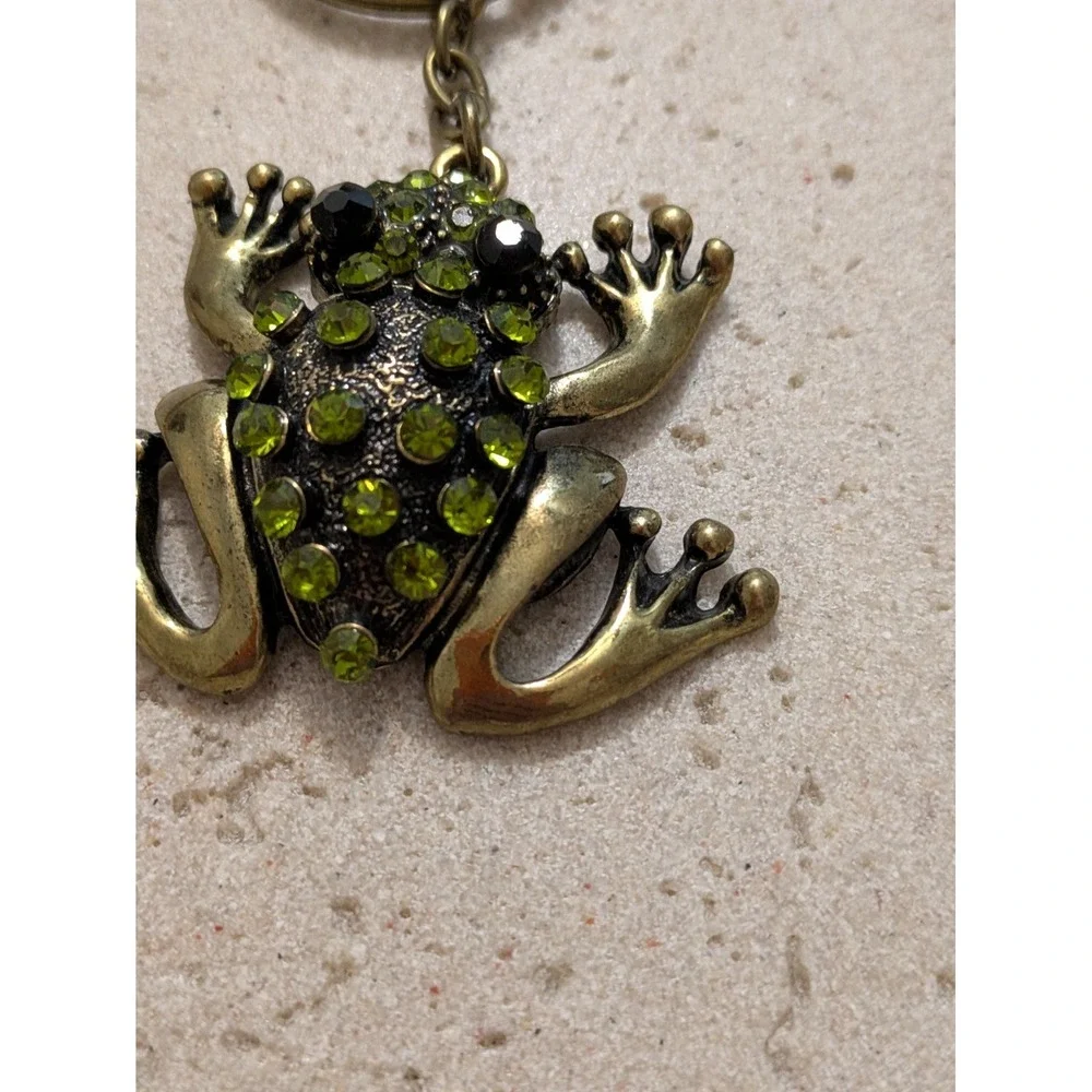 Frog Rhinestone Handbag Charm Keychain Chunky Statement Green & Gold Tone